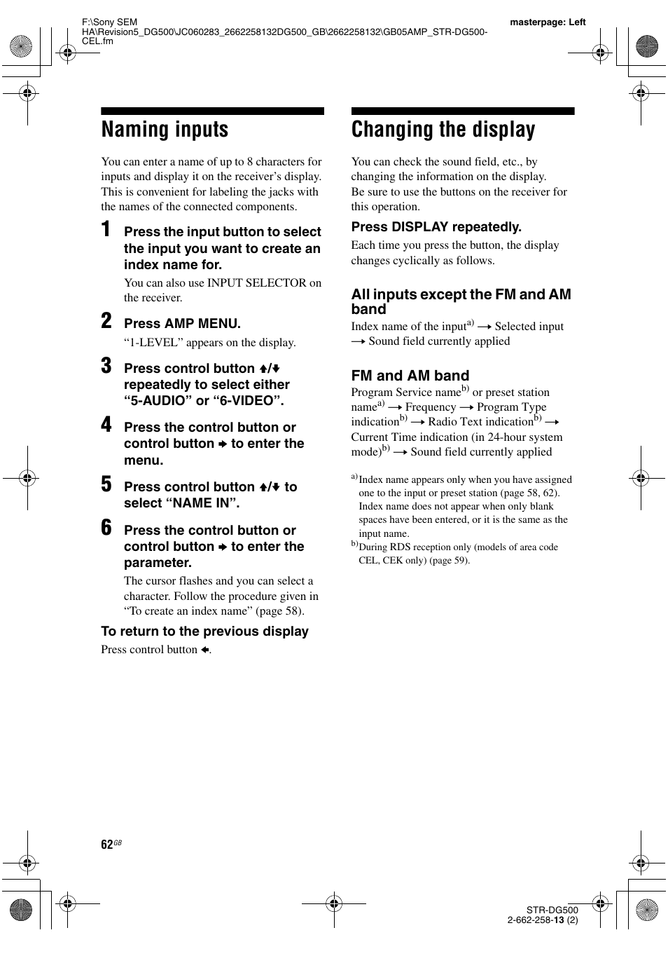 Naming inputs, Changing the display, Naming inputs changing the display | Sony STR-DG500 User Manual | Page 62 / 76