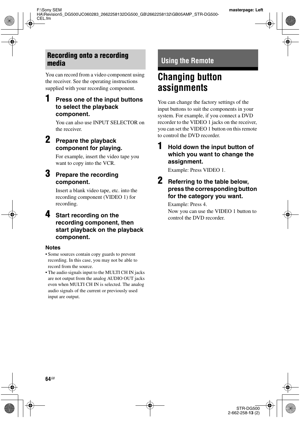 Using the remote, Changing button assignments, Recording onto a recording media using the remote | Sony STR-DG500 User Manual | Page 64 / 76