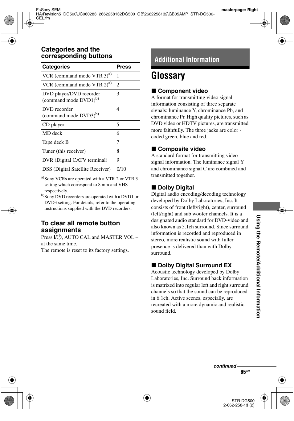 Additional information, Glossary, Categories and the corresponding buttons | Sony STR-DG500 User Manual | Page 65 / 76