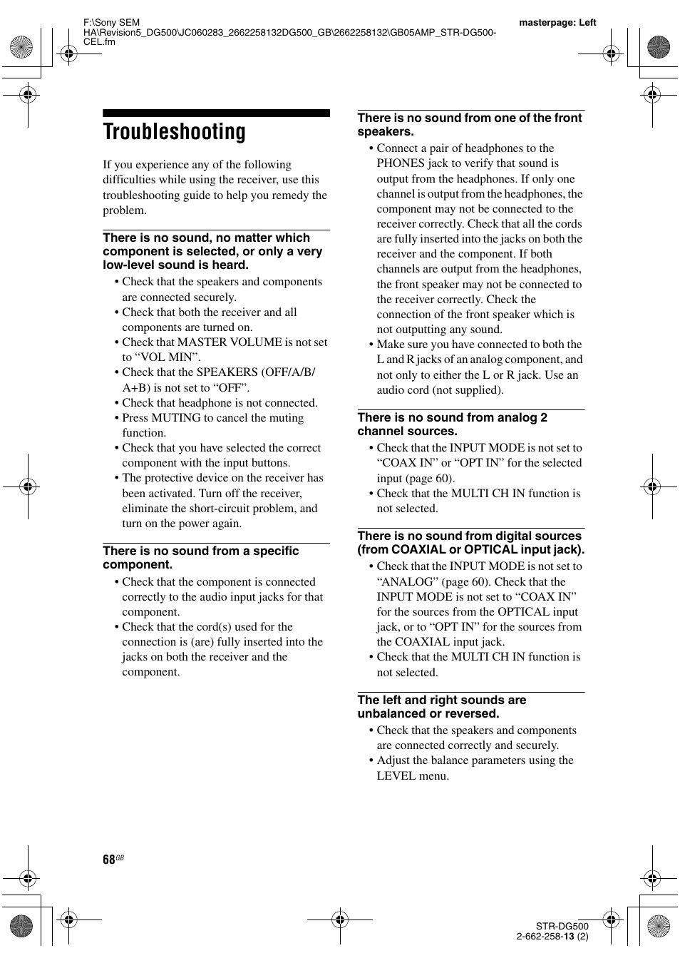 Troubleshooting | Sony STR-DG500 User Manual | Page 68 / 76