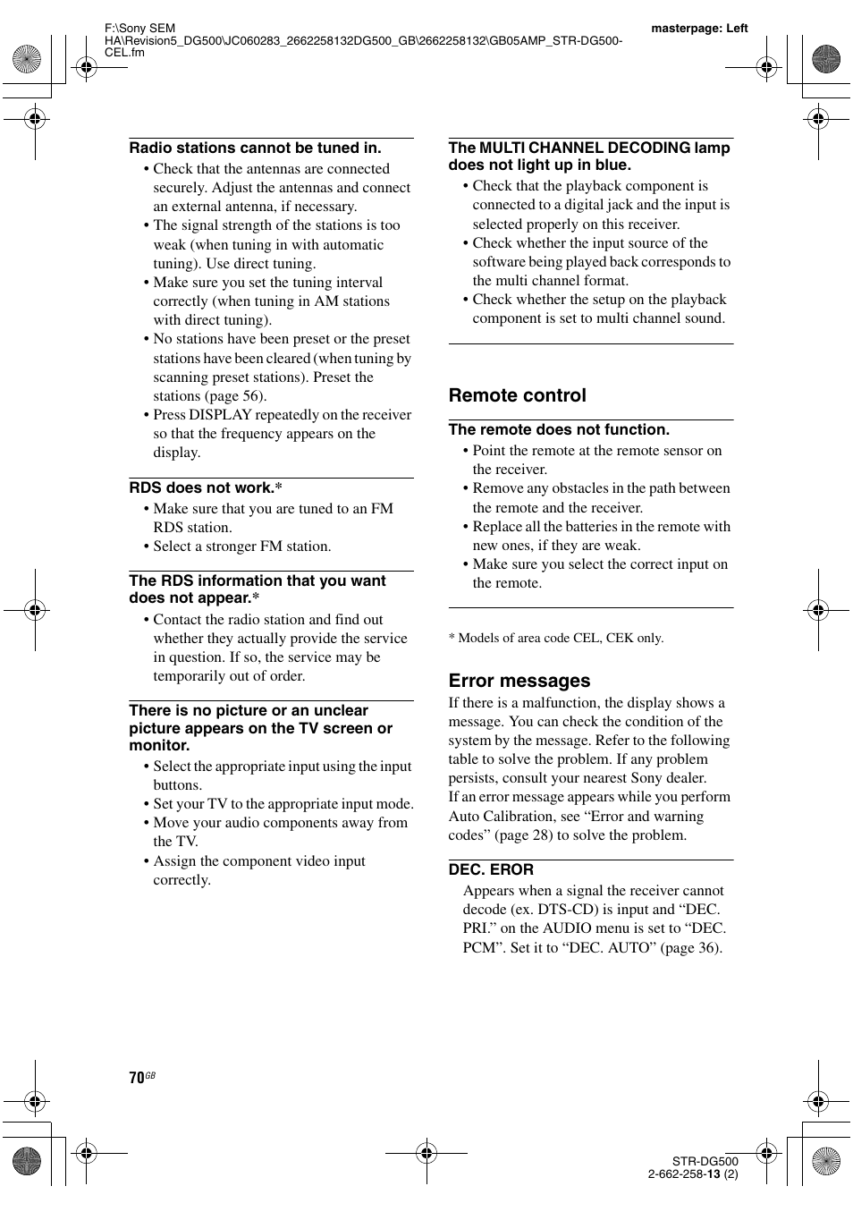 Remote control, Error messages | Sony STR-DG500 User Manual | Page 70 / 76