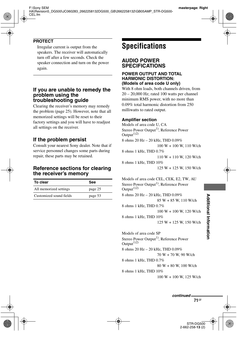 Specifications, If the problem persist, Audio power specifications | Sony STR-DG500 User Manual | Page 71 / 76