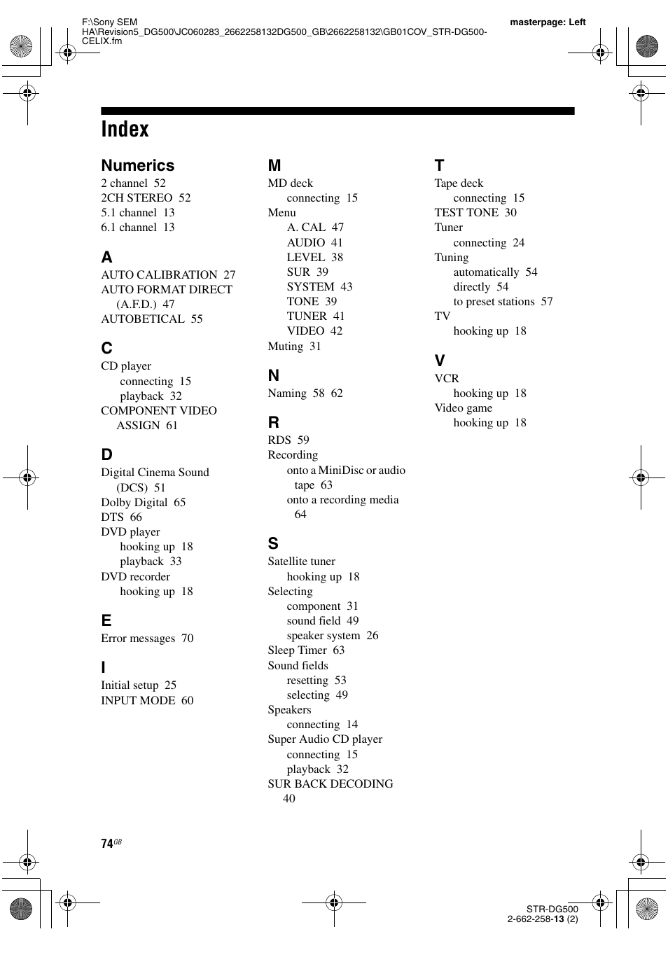 Index, Numerics | Sony STR-DG500 User Manual | Page 74 / 76