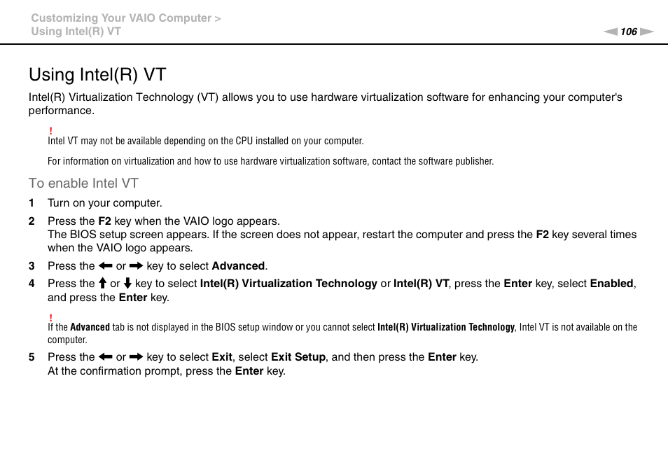 Using intel(r) vt | Sony VPCL13 User Manual | Page 106 / 171