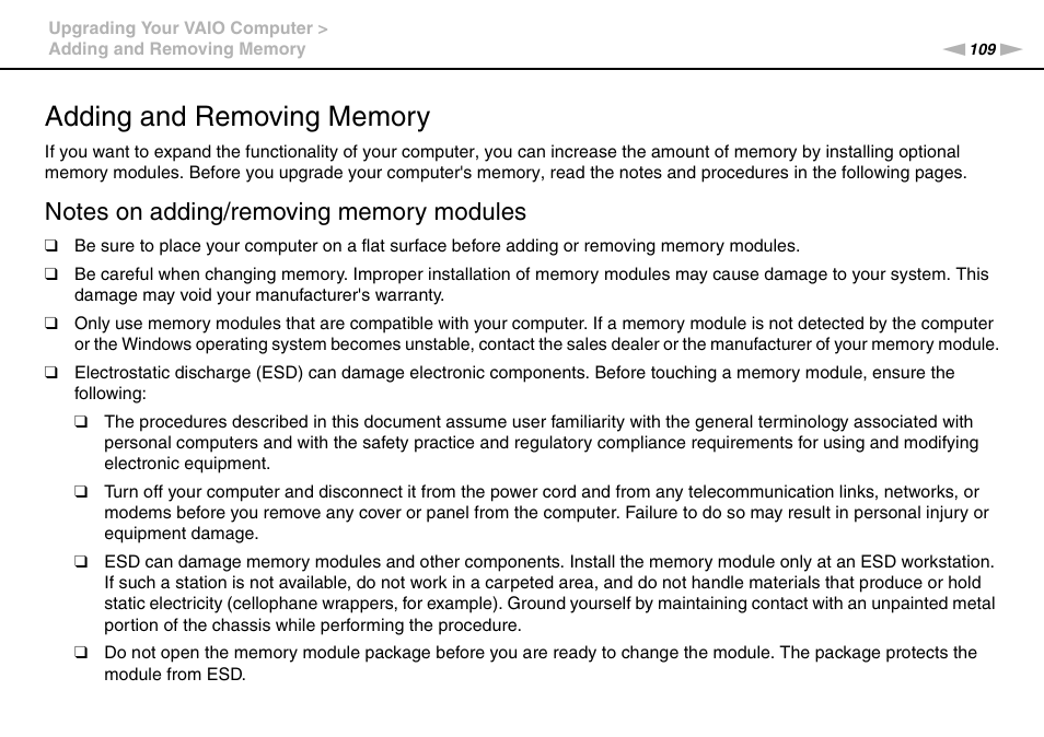 Adding and removing memory | Sony VPCL13 User Manual | Page 109 / 171