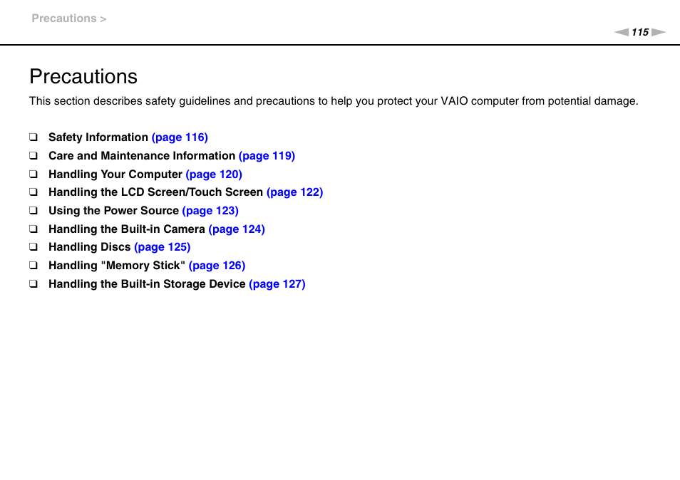 Precautions | Sony VPCL13 User Manual | Page 115 / 171