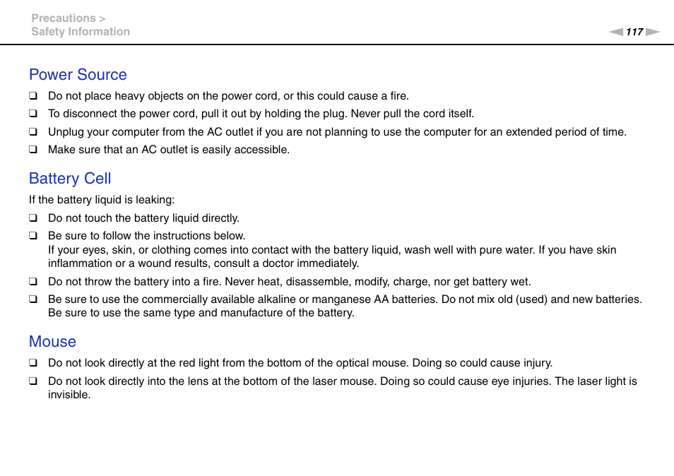 Power source, Battery cell, Mouse | Sony VPCL13 User Manual | Page 117 / 171