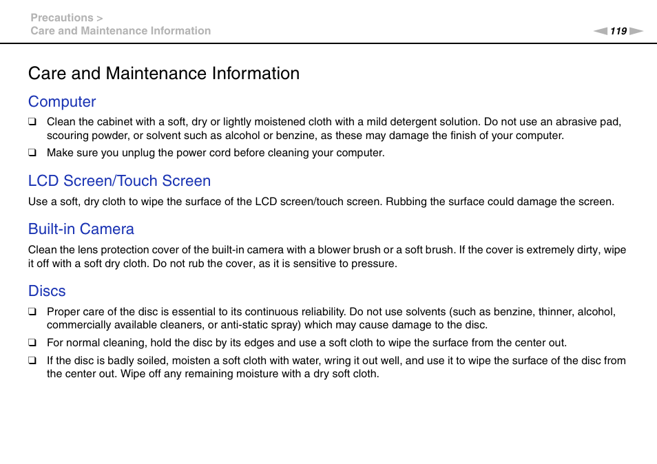 Care and maintenance information, Computer, Lcd screen/touch screen | Built-in camera, Discs | Sony VPCL13 User Manual | Page 119 / 171