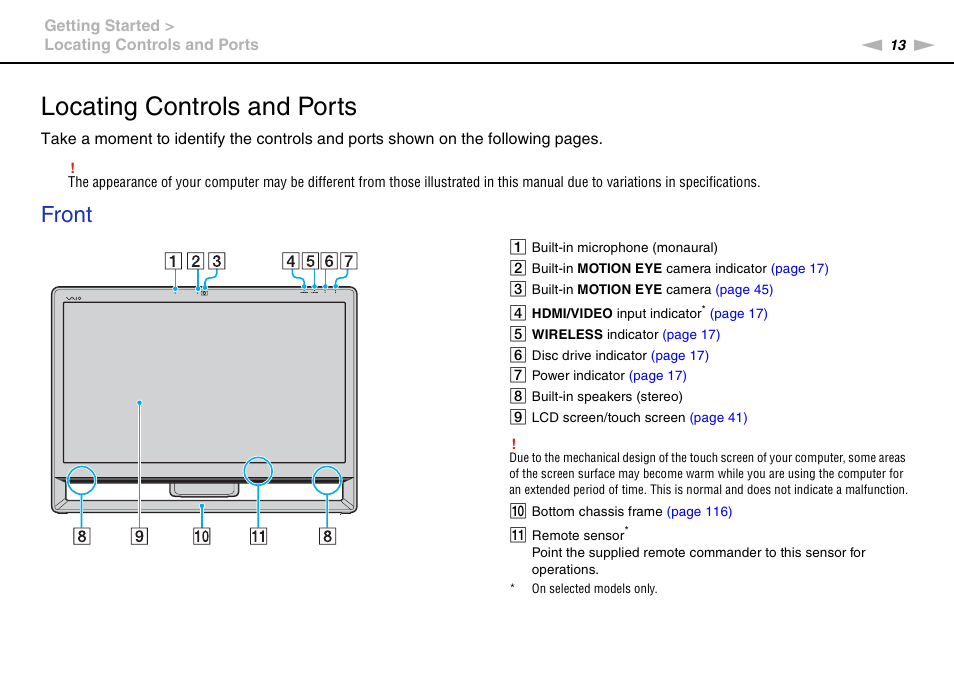 Locating controls and ports, Front | Sony VPCL13 User Manual | Page 13 / 171