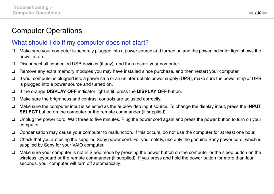 Computer operations, What should i do if my computer does not start | Sony VPCL13 User Manual | Page 130 / 171