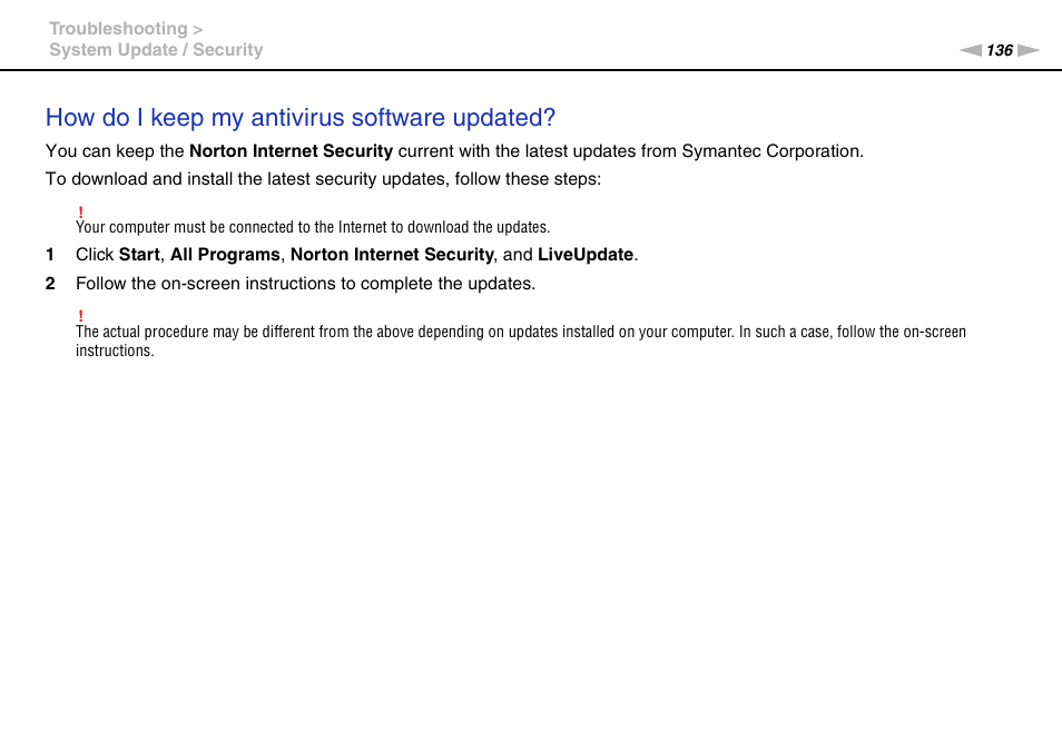 How do i keep my antivirus software updated | Sony VPCL13 User Manual | Page 136 / 171
