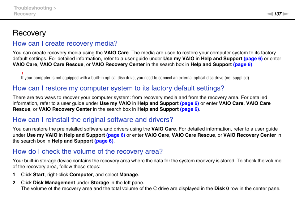 Recovery, How can i create recovery media, How do i check the volume of the recovery area | Sony VPCL13 User Manual | Page 137 / 171