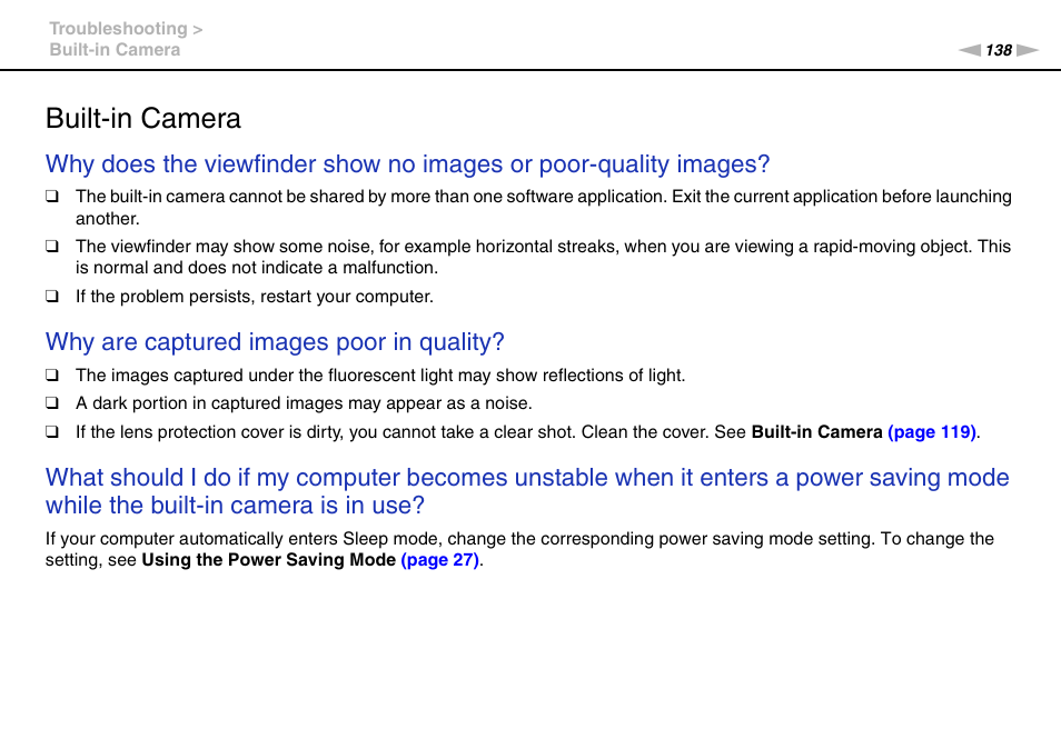 Built-in camera, Why are captured images poor in quality | Sony VPCL13 User Manual | Page 138 / 171