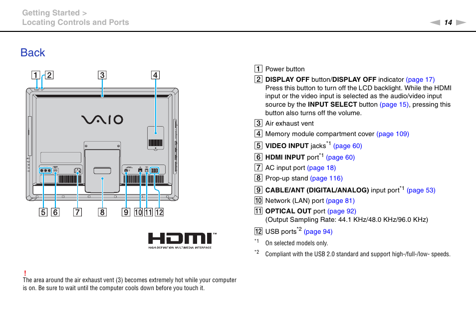 Back | Sony VPCL13 User Manual | Page 14 / 171