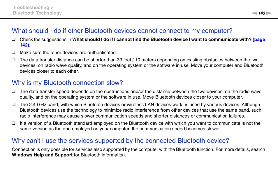 Why is my bluetooth connection slow | Sony VPCL13 User Manual | Page 143 / 171