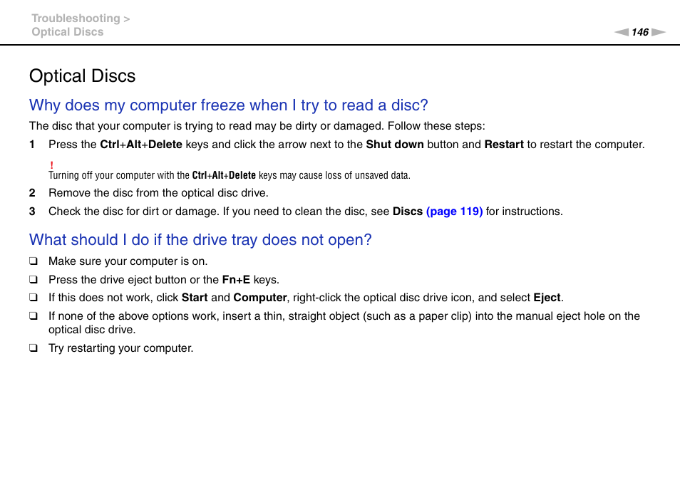 Optical discs, What should i do if the drive tray does not open | Sony VPCL13 User Manual | Page 146 / 171