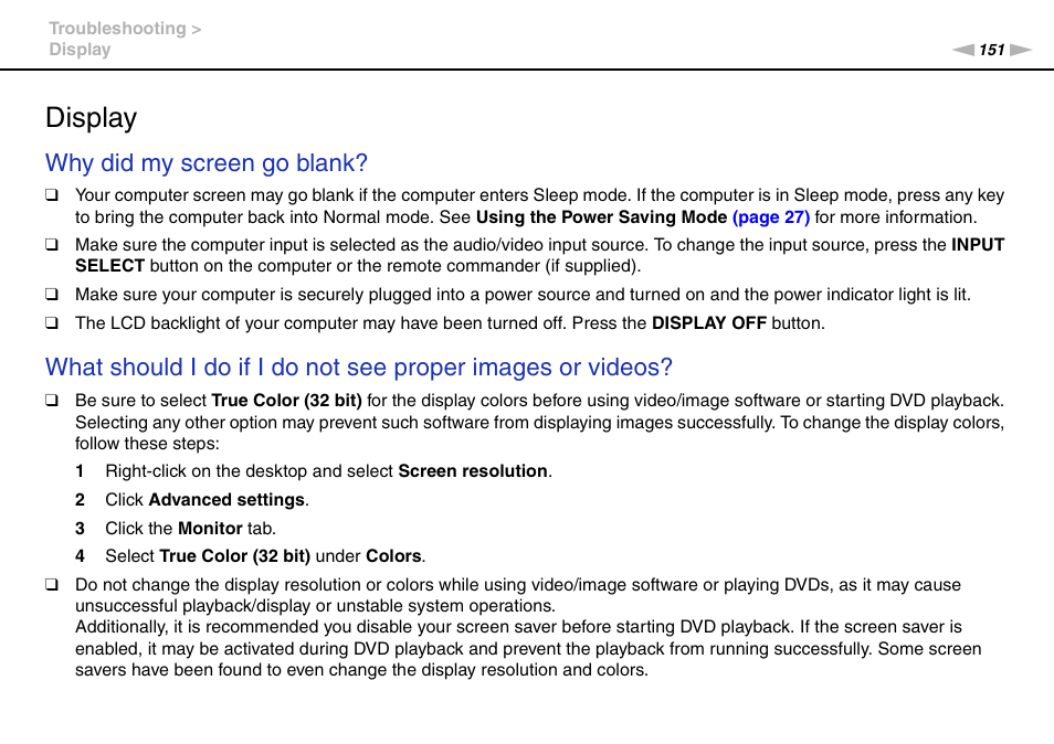 Display, Why did my screen go blank | Sony VPCL13 User Manual | Page 151 / 171