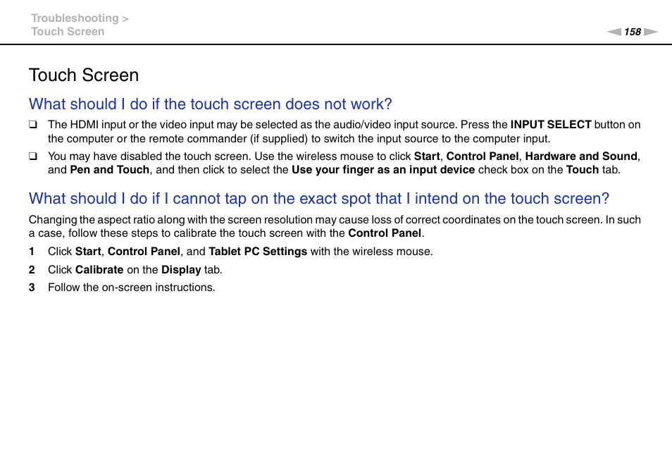 Touch screen, What should i do if the touch screen does not work | Sony VPCL13 User Manual | Page 158 / 171