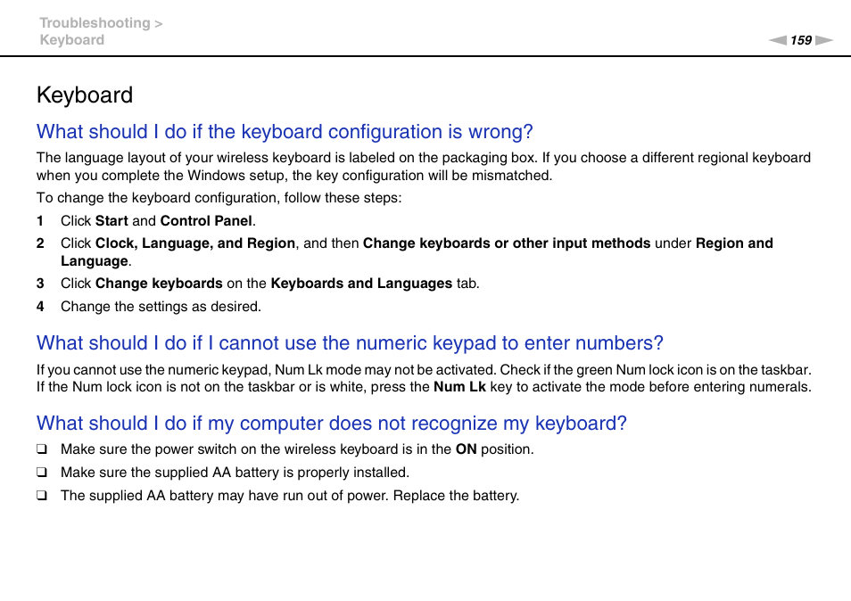 Keyboard | Sony VPCL13 User Manual | Page 159 / 171