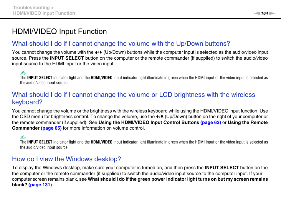 Hdmi/video input function, How do i view the windows desktop | Sony VPCL13 User Manual | Page 164 / 171