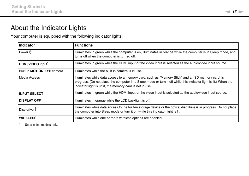 About the indicator lights | Sony VPCL13 User Manual | Page 17 / 171