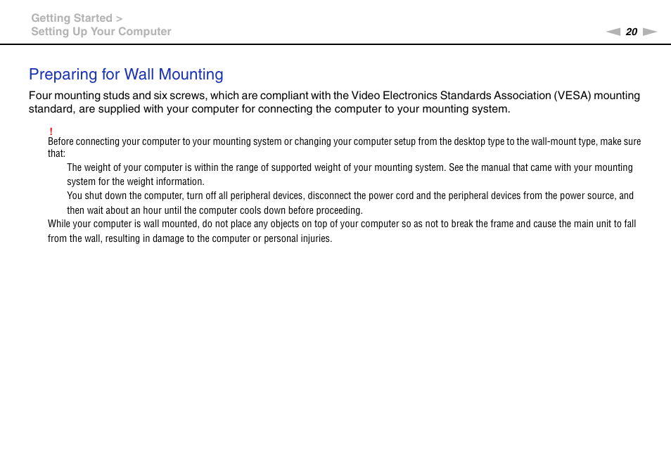 Preparing for wall mounting | Sony VPCL13 User Manual | Page 20 / 171