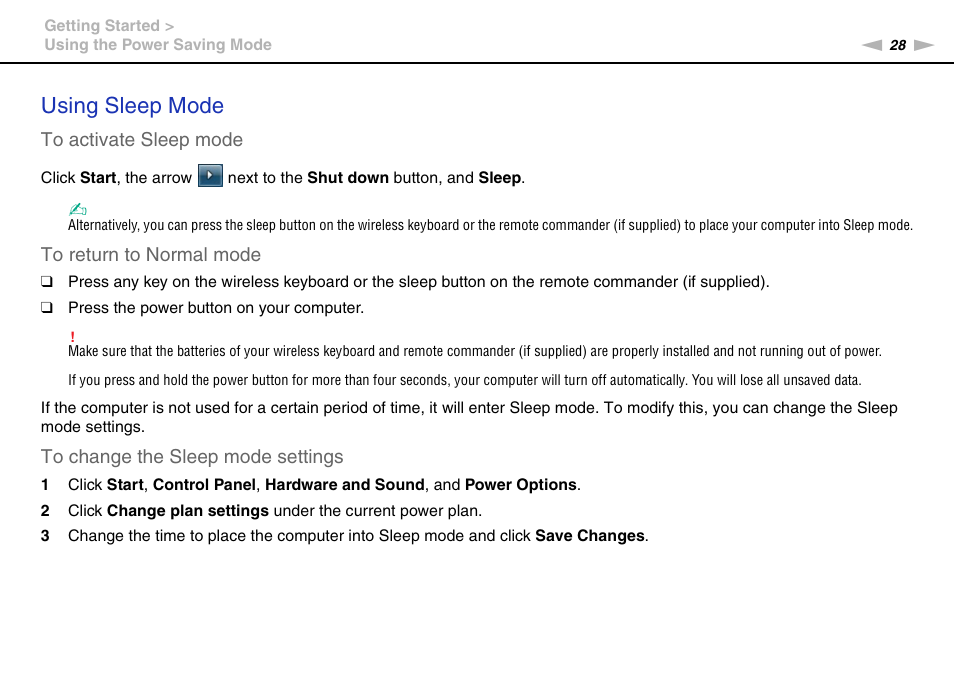 Using sleep mode | Sony VPCL13 User Manual | Page 28 / 171