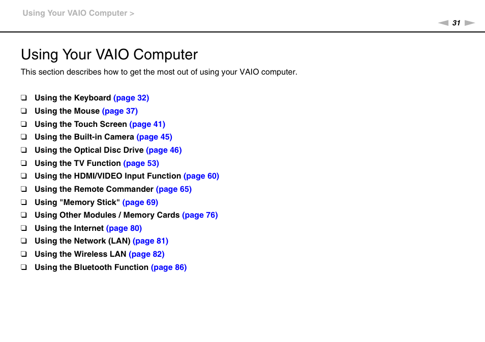 Using your vaio computer | Sony VPCL13 User Manual | Page 31 / 171