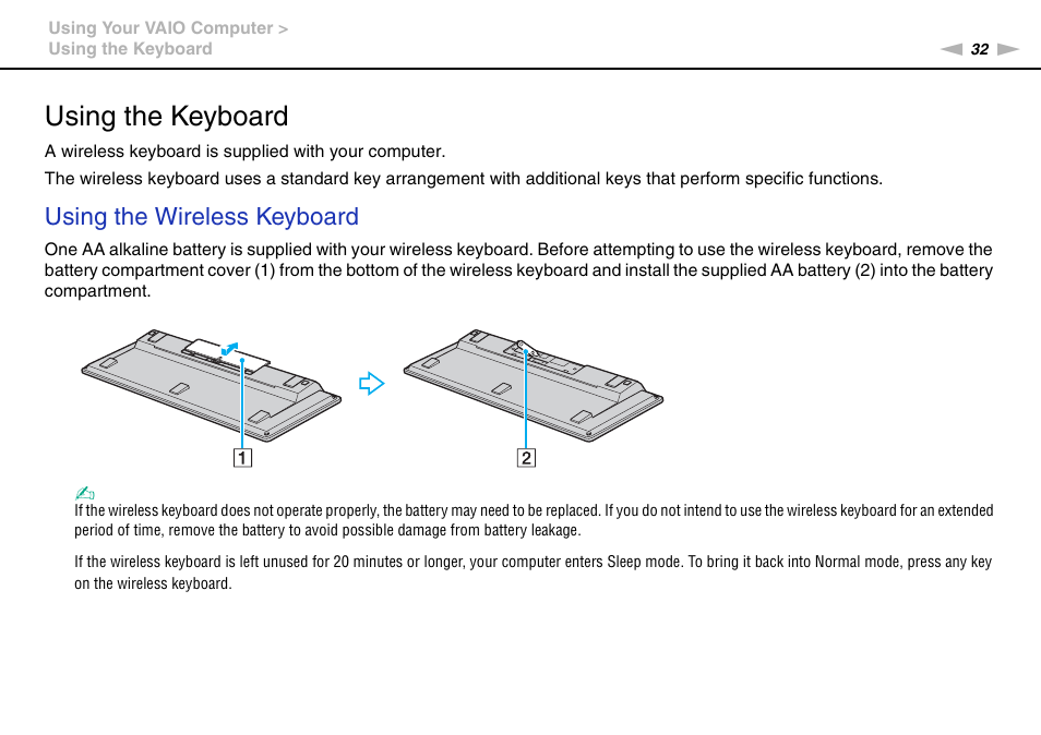 Using the keyboard, Using the wireless keyboard | Sony VPCL13 User Manual | Page 32 / 171