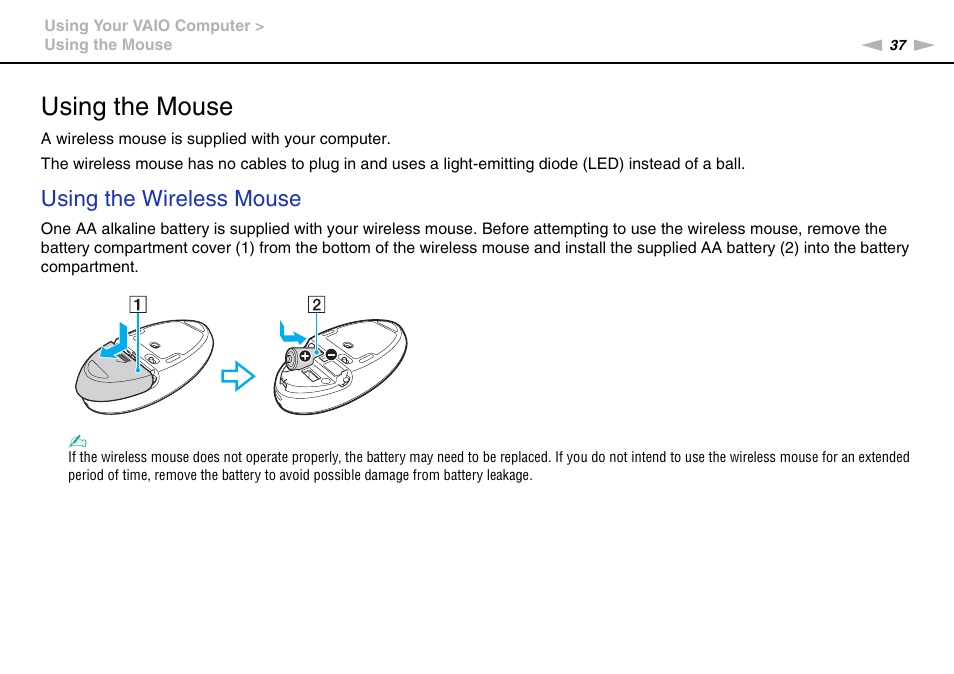 Using the mouse, Using the wireless mouse | Sony VPCL13 User Manual | Page 37 / 171