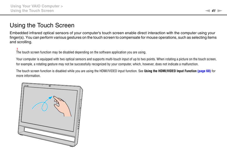 Using the touch screen | Sony VPCL13 User Manual | Page 41 / 171