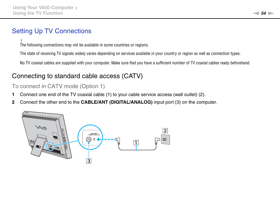 Setting up tv connections, Connecting to standard cable access (catv) | Sony VPCL13 User Manual | Page 54 / 171