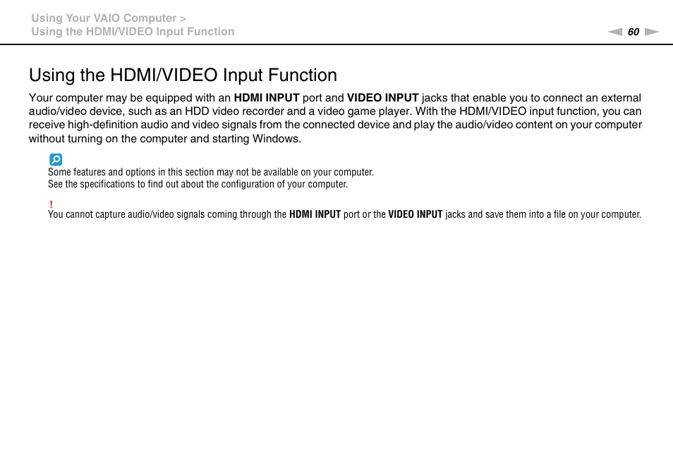 Using the hdmi/video input function | Sony VPCL13 User Manual | Page 60 / 171