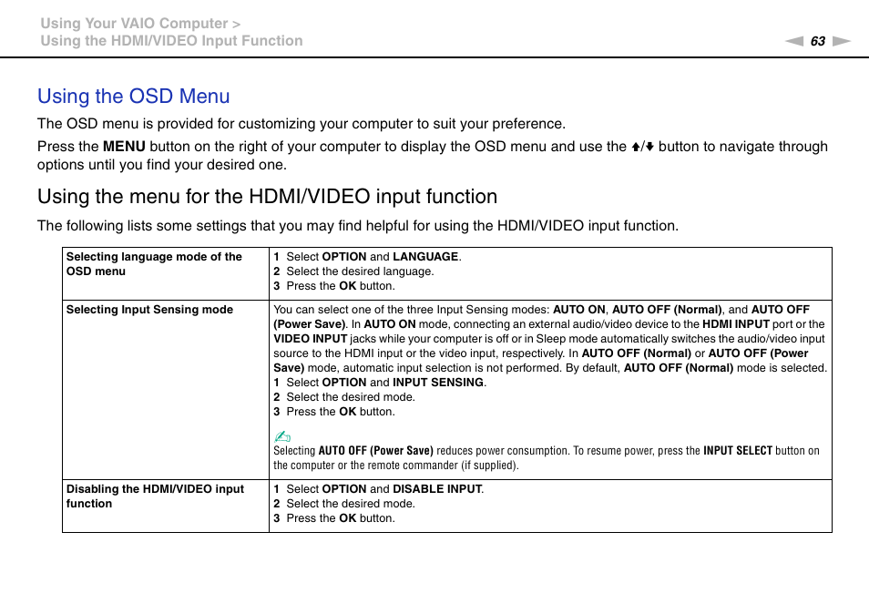 Using the osd menu, Using the menu for the hdmi/video input function | Sony VPCL13 User Manual | Page 63 / 171