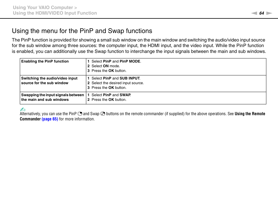 Using the menu for the pinp and swap functions | Sony VPCL13 User Manual | Page 64 / 171