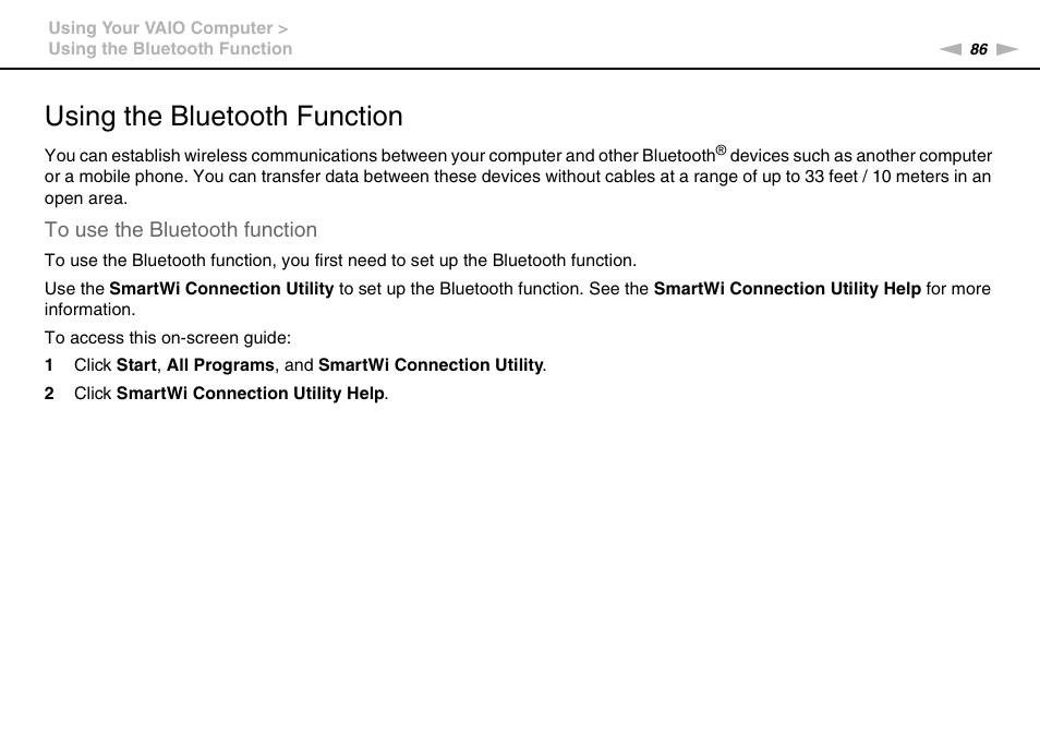 Using the bluetooth function, Tion | Sony VPCL13 User Manual | Page 86 / 171