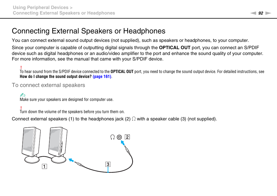 Connecting external speakers or headphones | Sony VPCL13 User Manual | Page 92 / 171