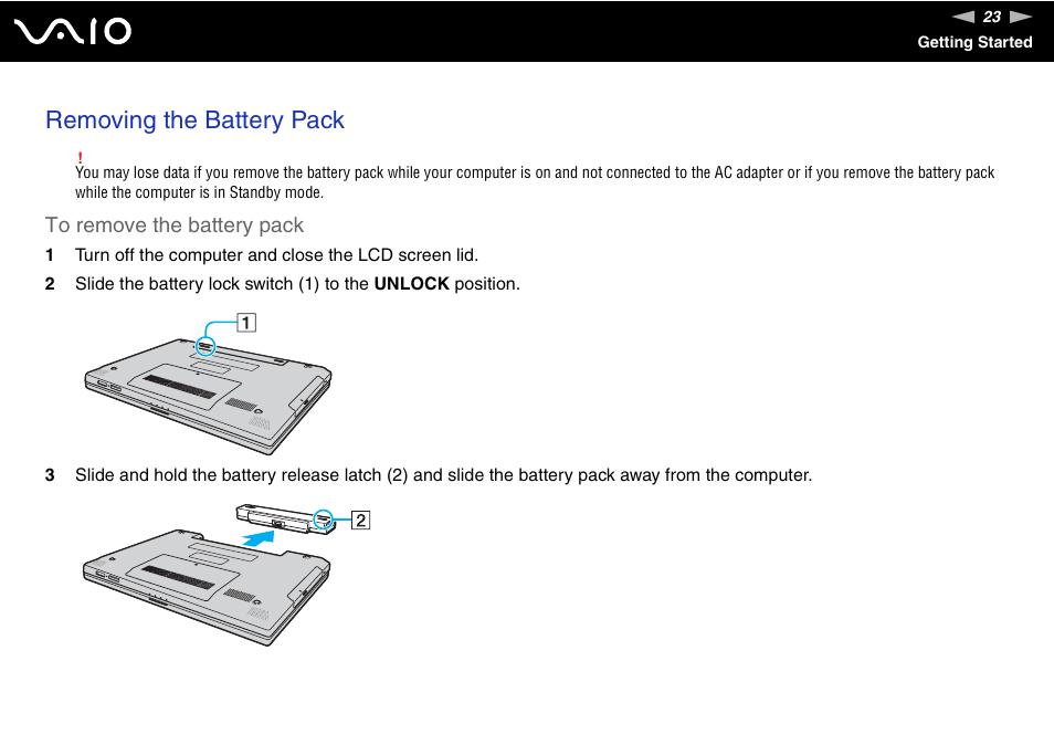 Removing the battery pack | Sony VGN-N100 User Manual | Page 23 / 160