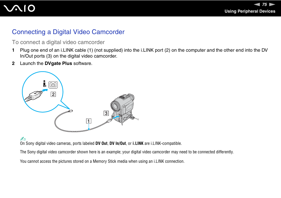 Connecting a digital video camcorder | Sony VGN-N100 User Manual | Page 75 / 160