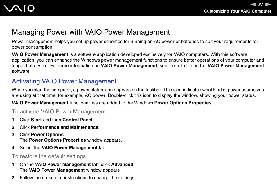 Managing power with vaio power management, Activating vaio power management | Sony VGN-N100 User Manual | Page 87 / 160