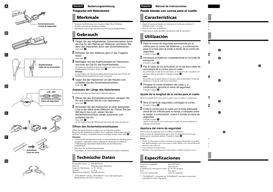 Merkmale, Gebrauch, Technische daten | Características, Utilización, Especificaciones | Sony Walkman CKS-NWE010 User Manual | Page 2 / 2