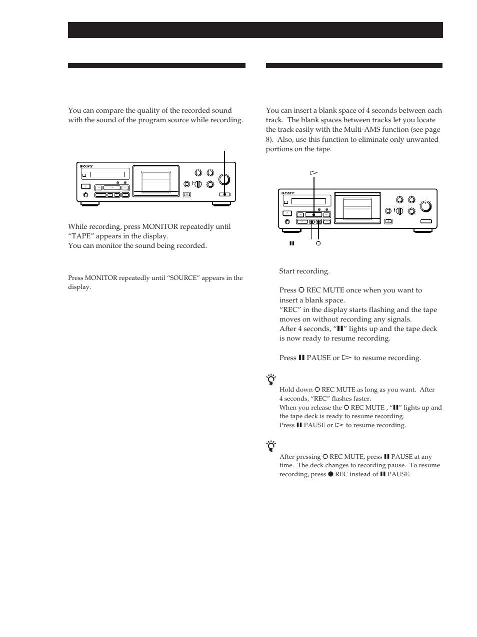 Monitoring the recorded sound, Advanced recording operations 10, Start recording | Press p pause or · to resume recording, Rec mute pause rec, Reset, Monitor, P pause · r rec mute | Sony TC-KB920S User Manual | Page 10 / 64