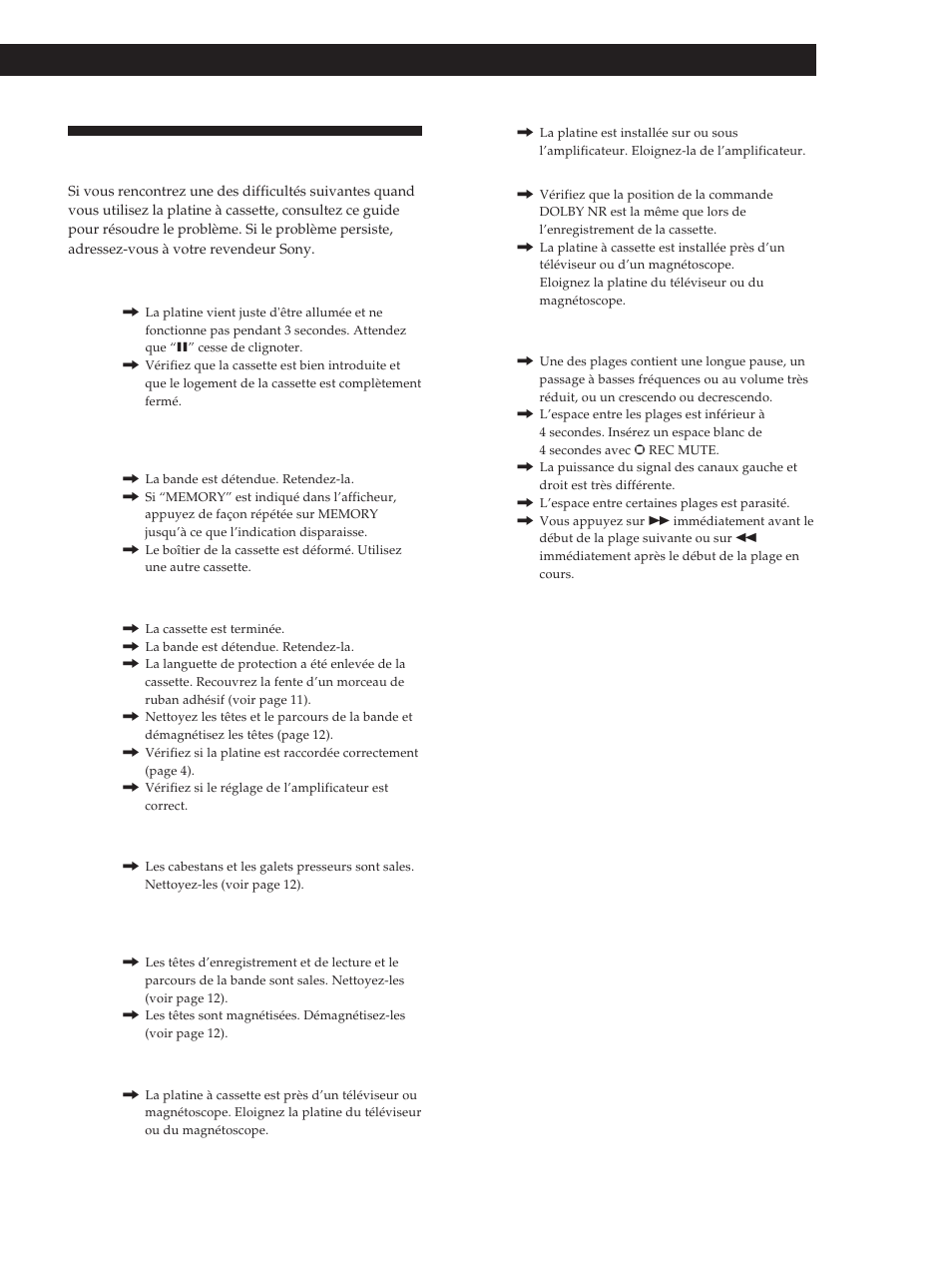 En cas de panne, Informations complémentaires 13 | Sony TC-KB920S User Manual | Page 29 / 64