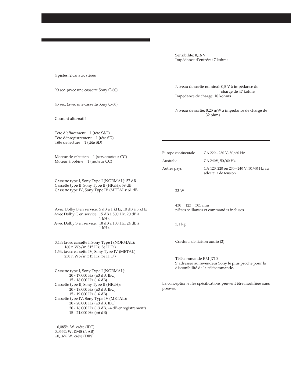 Spécifications, Informations complémentaires | Sony TC-KB920S User Manual | Page 30 / 64