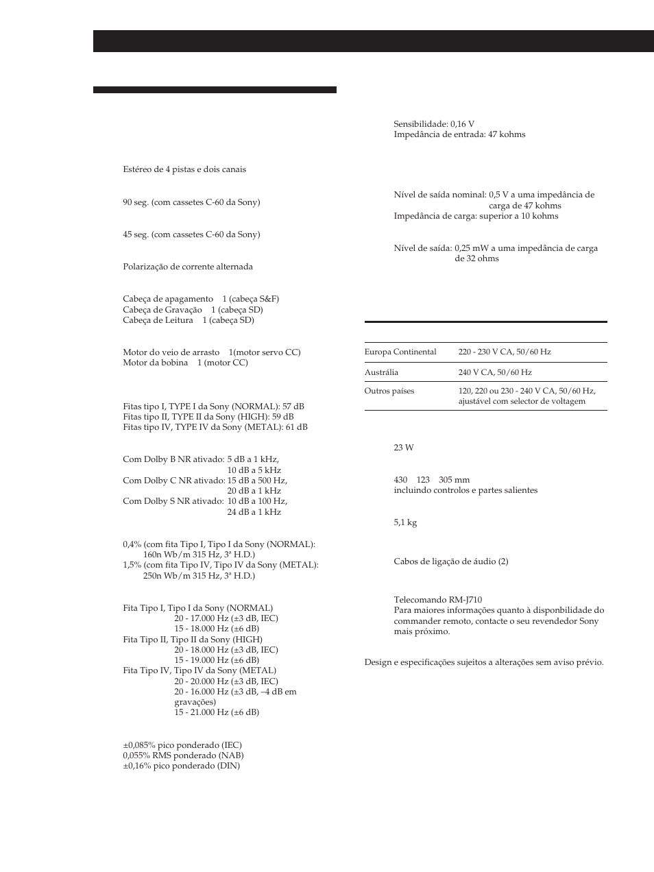 Especificações, Informações adicionais 14 | Sony TC-KB920S User Manual | Page 62 / 64