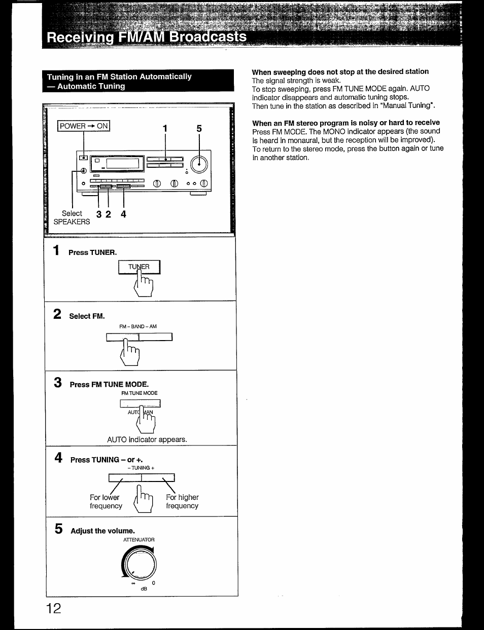 When sweeping does not stop at the desired station, Receiving, Roadcasts | Sony STR-GX49ES User Manual | Page 12 / 22