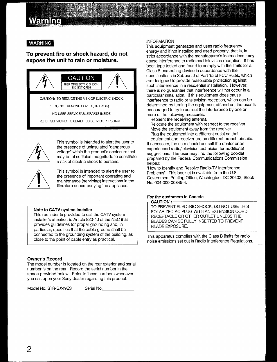 Warning, For the customers in canada caution, Owner's record | Caution | Sony STR-GX49ES User Manual | Page 2 / 22