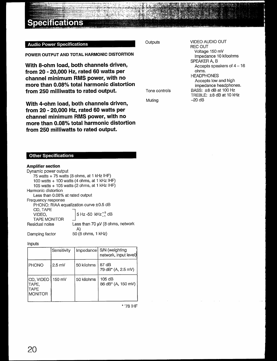 Specifications, Amplifier section | Sony STR-GX49ES User Manual | Page 20 / 22