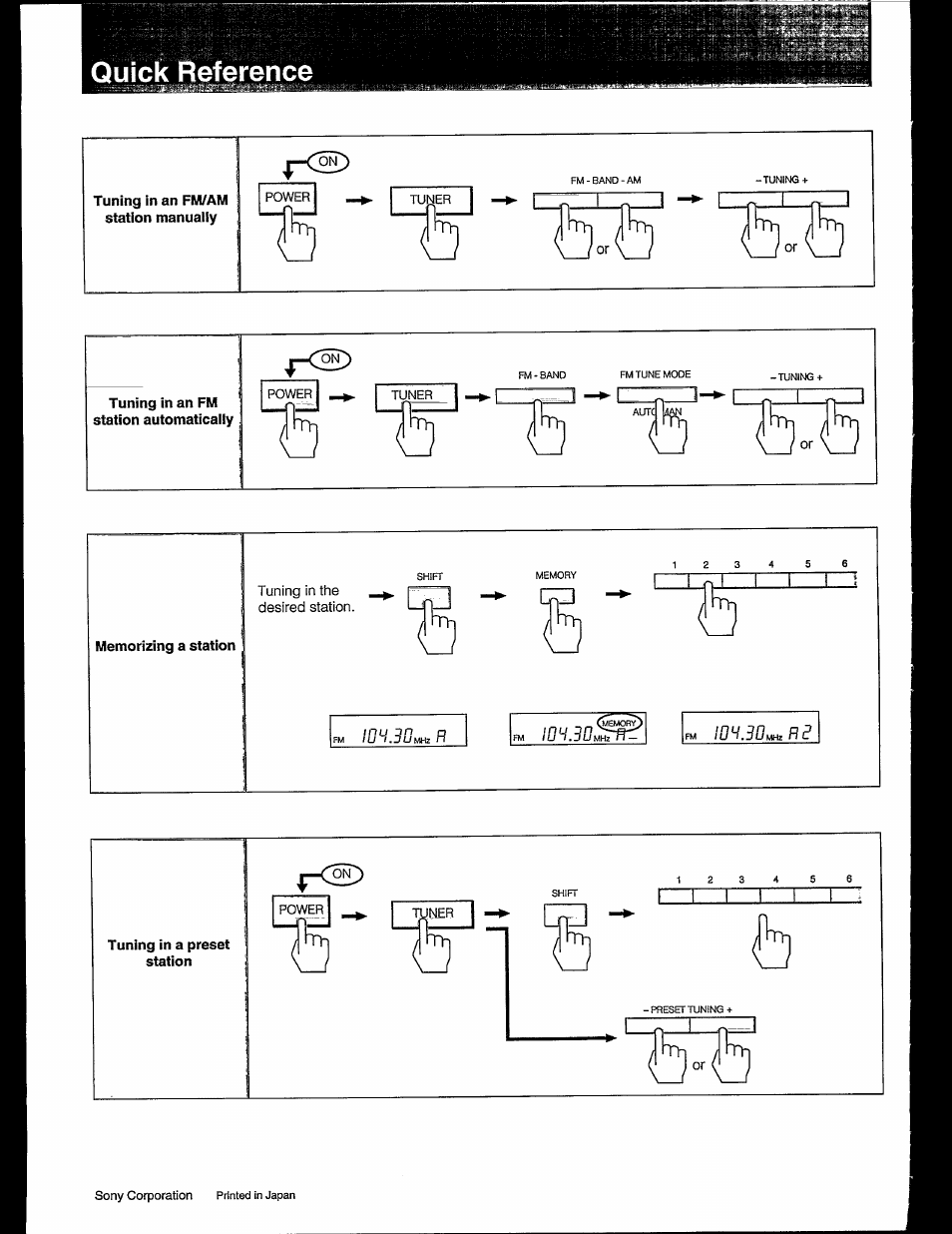 Quick reference, Tuning in an fm/am station manually, Tuning in an fm station automatically | Memorizing a station, Tuning in a preset station, H— r | Sony STR-GX49ES User Manual | Page 22 / 22