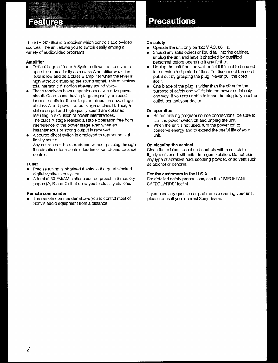 Precautions, Amplifier, Tuner | Remote commander, On safety, On operation, On cleaning the cabinet, For the customers in the u.s.a | Sony STR-GX49ES User Manual | Page 4 / 22